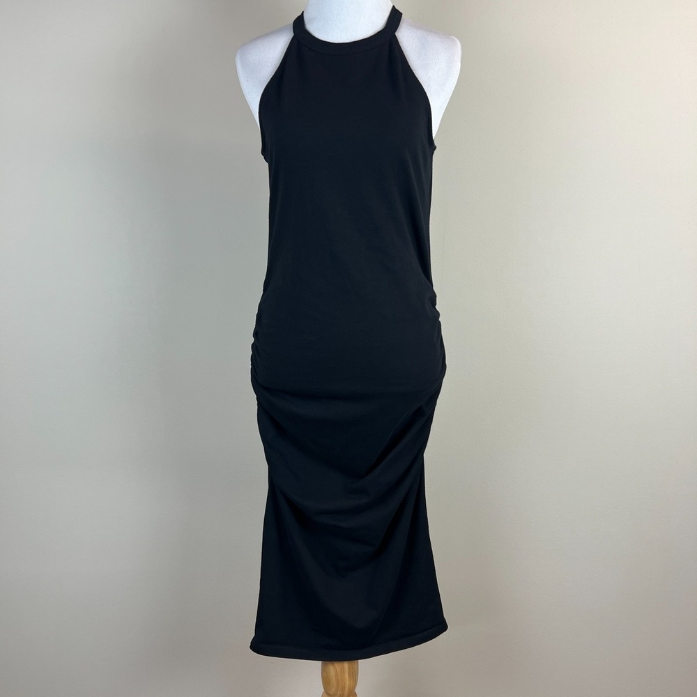 Michael Stars Midi Dress Womens Large Black Ruched Shirred Bodycon Fitted 1072 L
